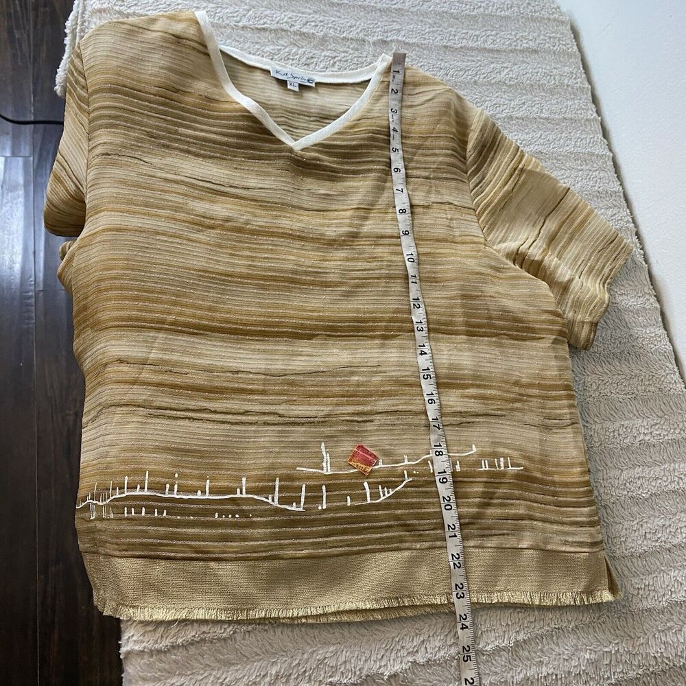 KD Spring Lagenlook Artsy Short Sleeve Top Tan V-Neck Shirt Lined Women’s XL‎ - Picture 12 of 16